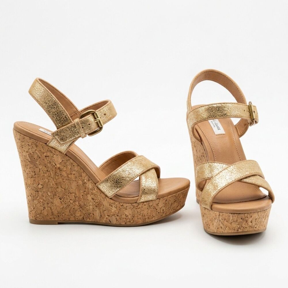 UGG Women's Metallic Gold Cork Wedge Sandals Criss Cross Straps Size 8.5
